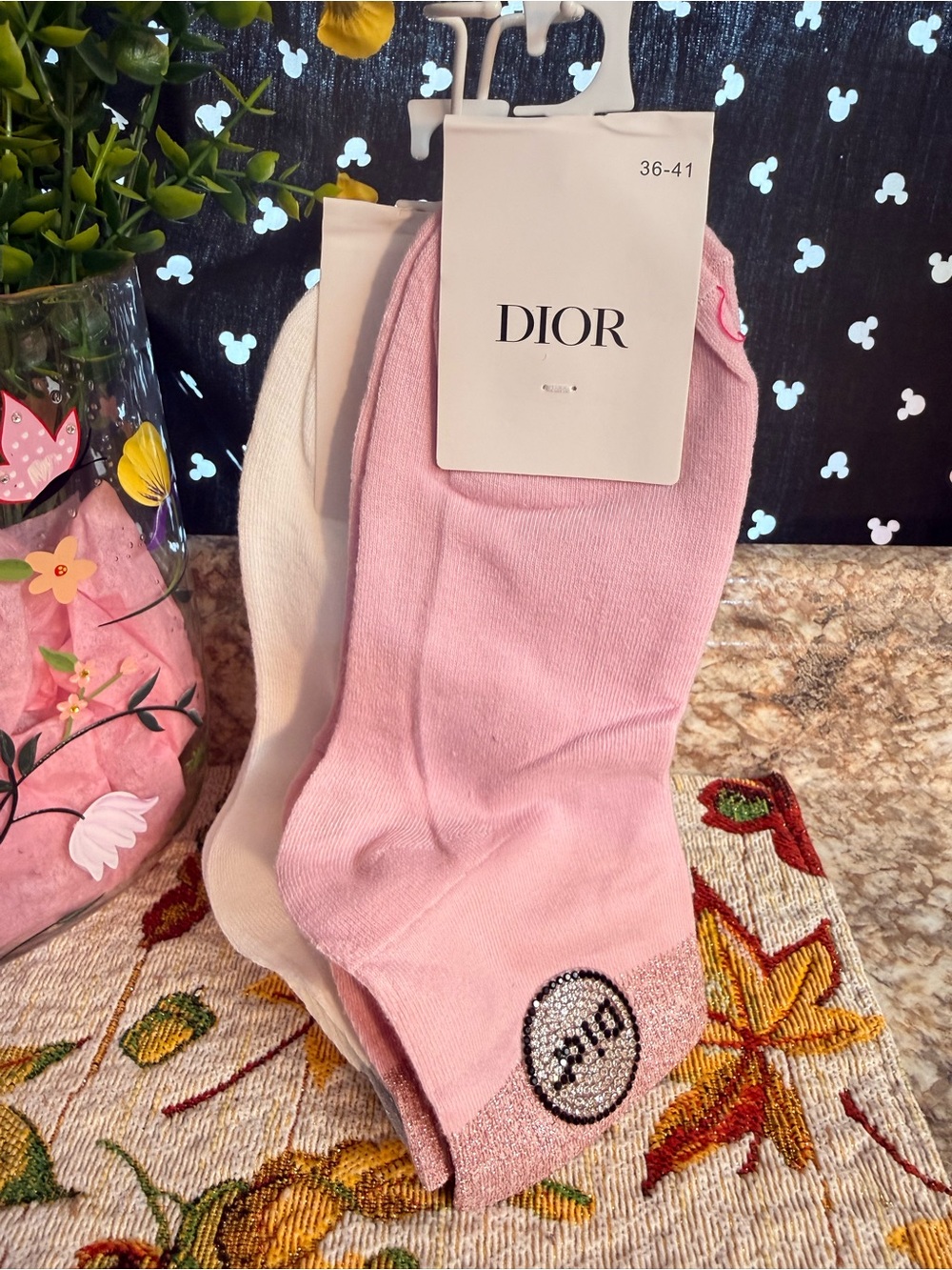 Dior Pink and Cream Casual Sock Duo with Logo Detail